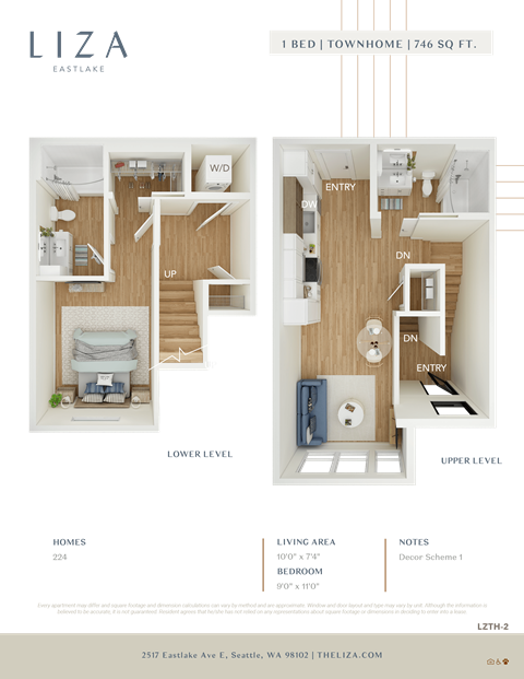 Liza Apartment 3D floor plan - 1x2 746 sqft